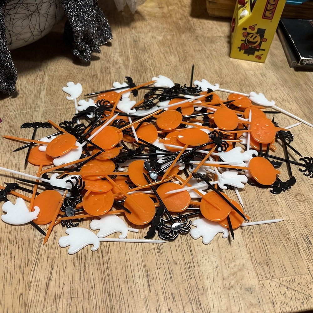 Vintage Halloween Cupcake Picks Lot Witch Bat Skeleton Plastic Toppers USA